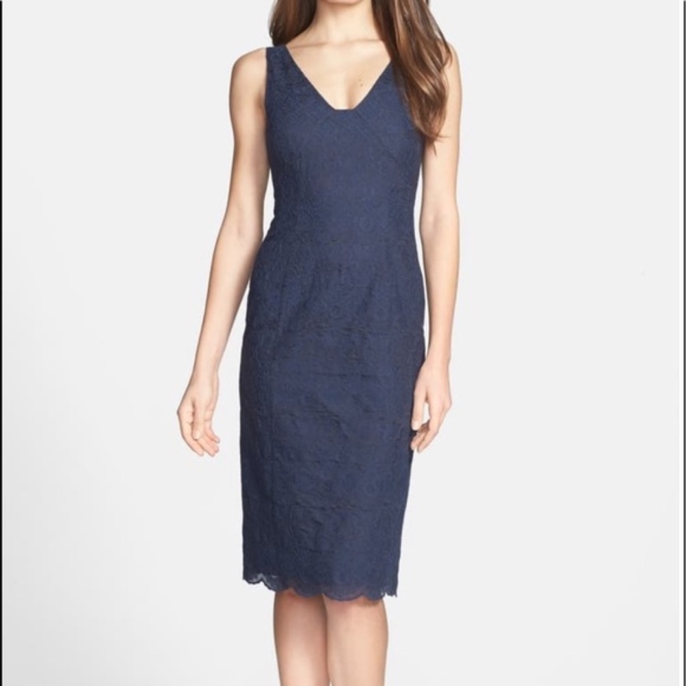 Tory Burch Cameron Navy Blue Lace Sheath Dress sz 14